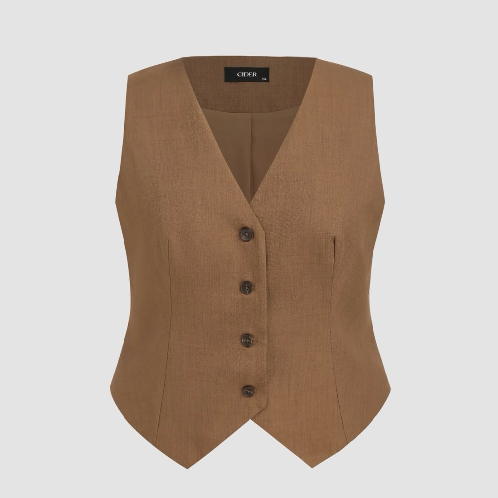 Cider V-Neck Brown Solid Button Vest / Plus Size Curve